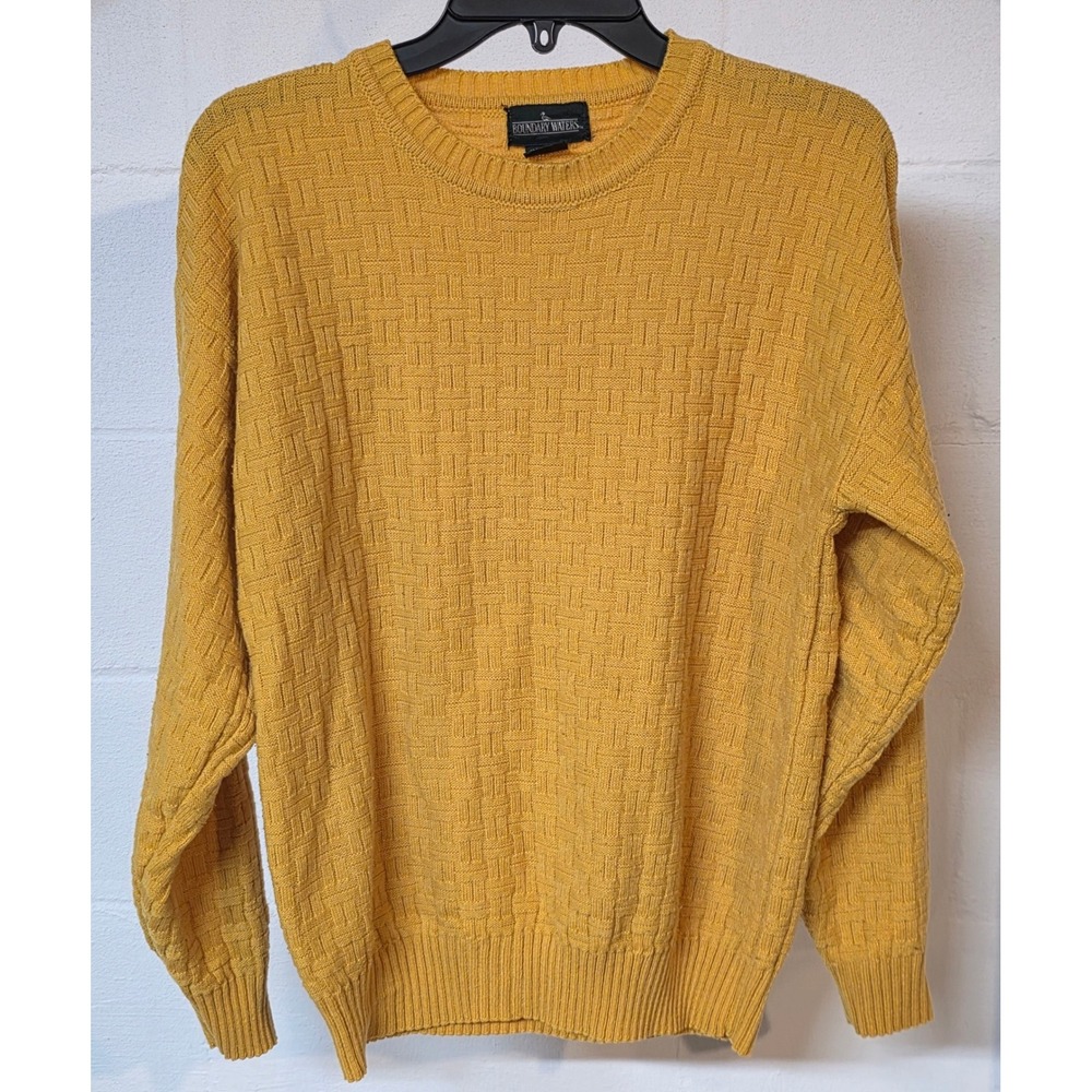 Vintage Boundary Waters Mens Small Mustard Yellow Basketweave Crewneck Sweater